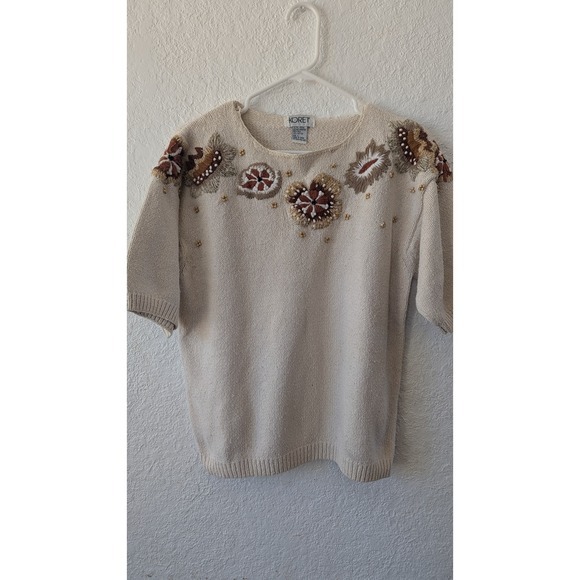 Koret Embellished Knit Top Floral Beaded Short Sleeve Sweater Beige Size L - Picture 1 of 7
